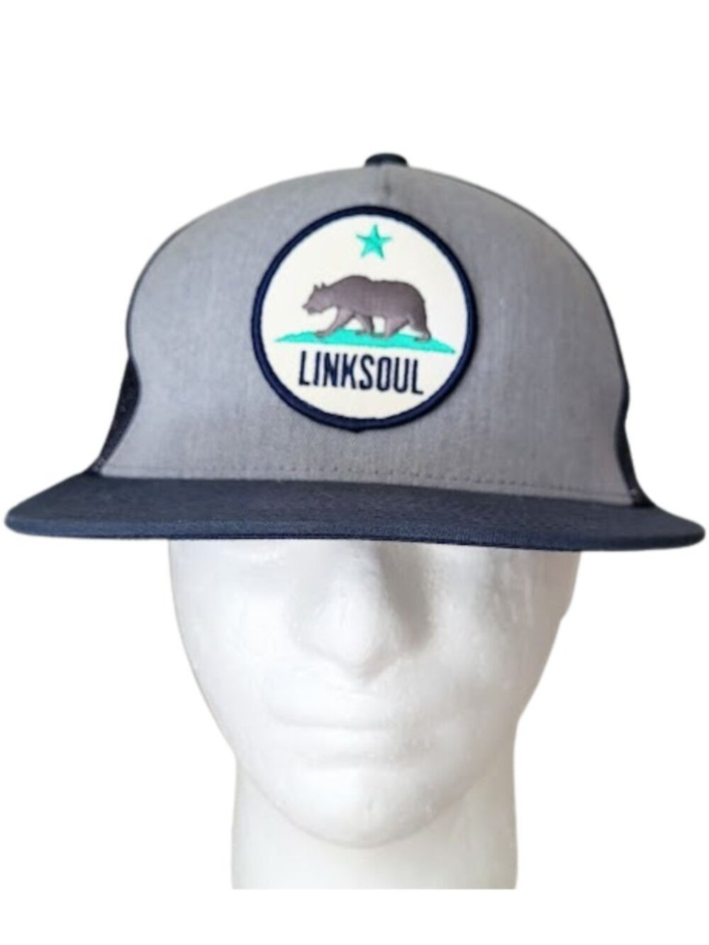 LINKSOUL Gray & Blue California Bear Patch Trucker Hat Snapback Mesh - Men's OS